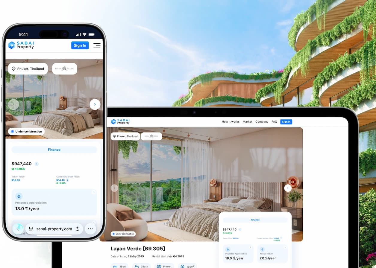 Sabai Property platform on phone and desktop over tokenized real estate