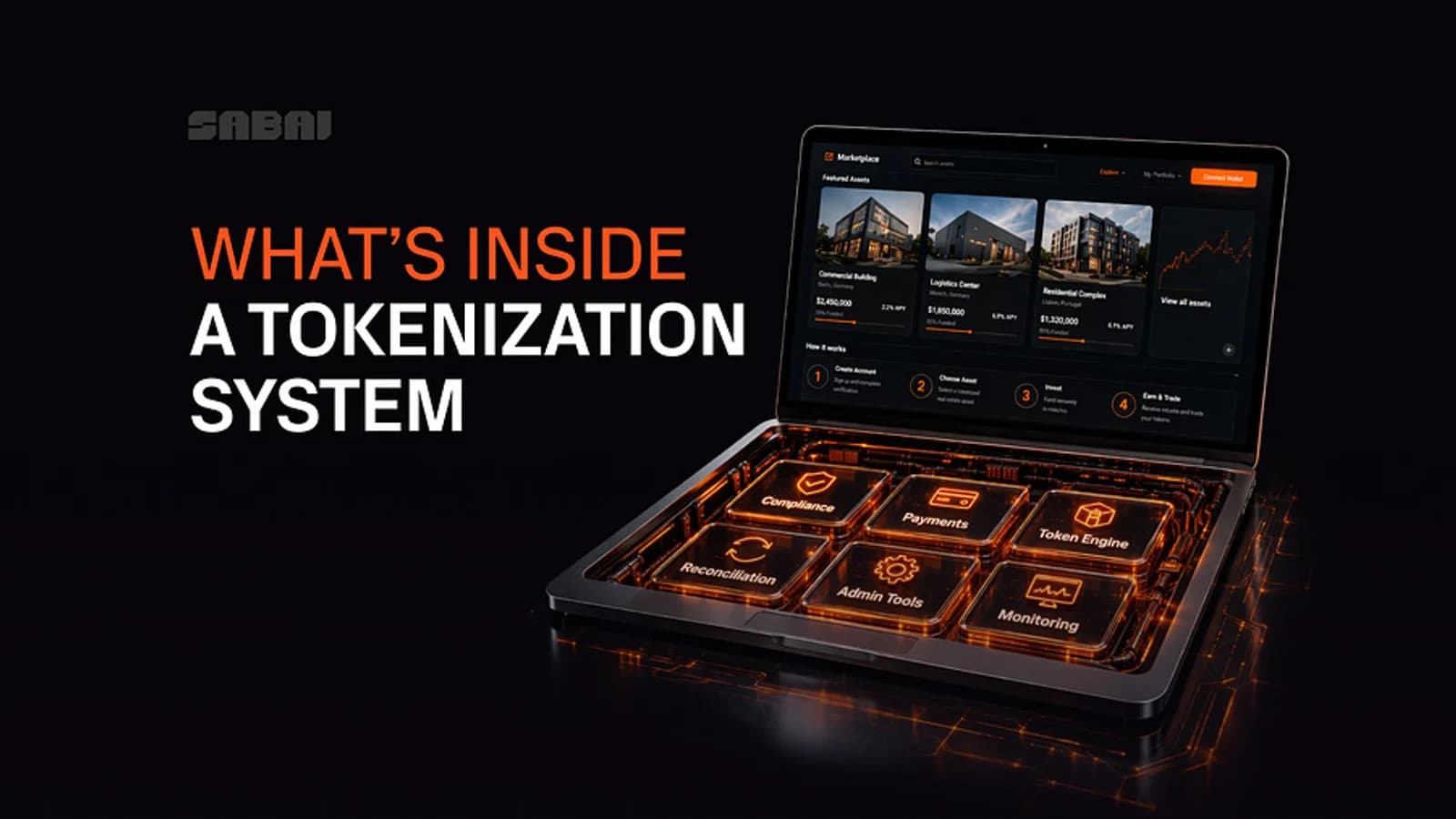 Sabai Protocol visual with the text “What’s Inside a Tokenization System,” showing a platform with compliance, payments, token engine, admin tools, reconciliation, and monitoring modules.