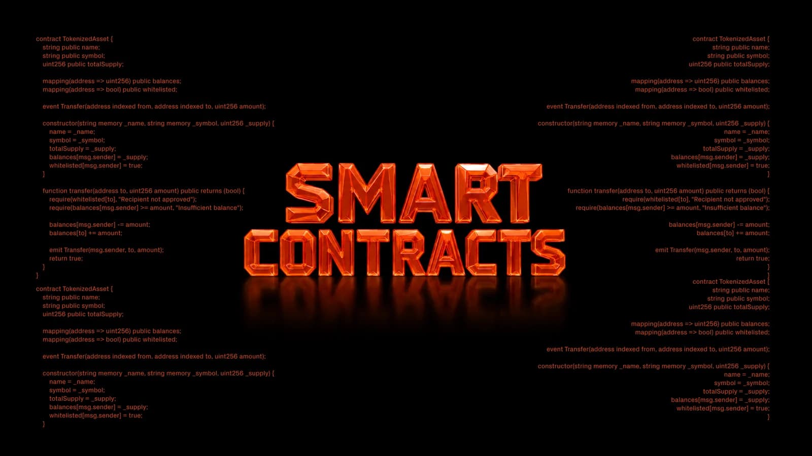 Sabai Protocol banner with glowing 3D “Smart Contracts” text on a black background, surrounded by smart contract code, illustrating blockchain smart contracts explained for real asset tokenization.