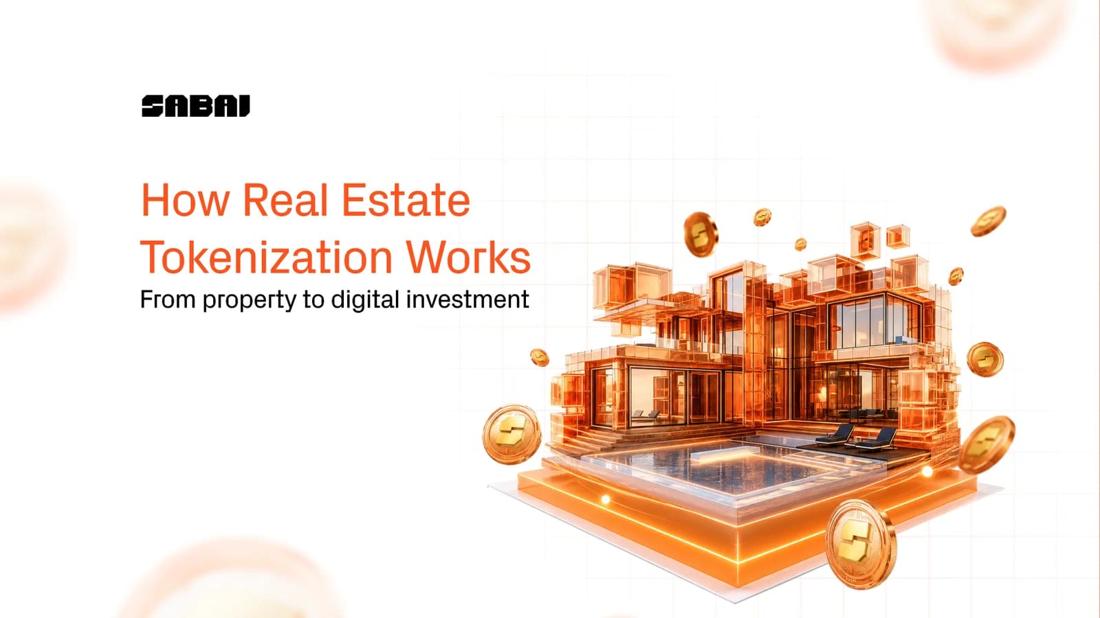 Digital real estate tokenization concept with a 3D orange building model, and floating coins